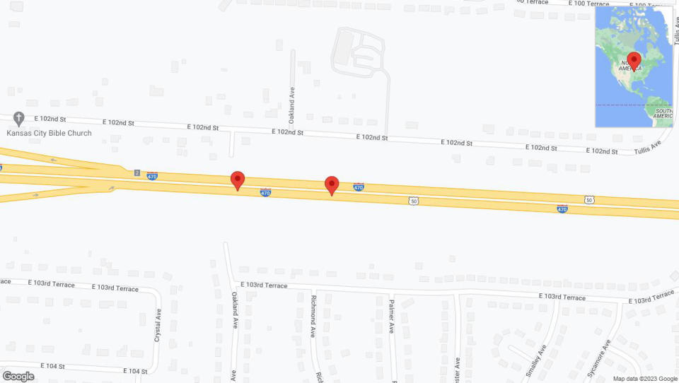 A detailed map that shows the affected road due to 'Broken down vehicle on eastbound I-470 in Kansas City' on December 28th at 11:10 p.m.