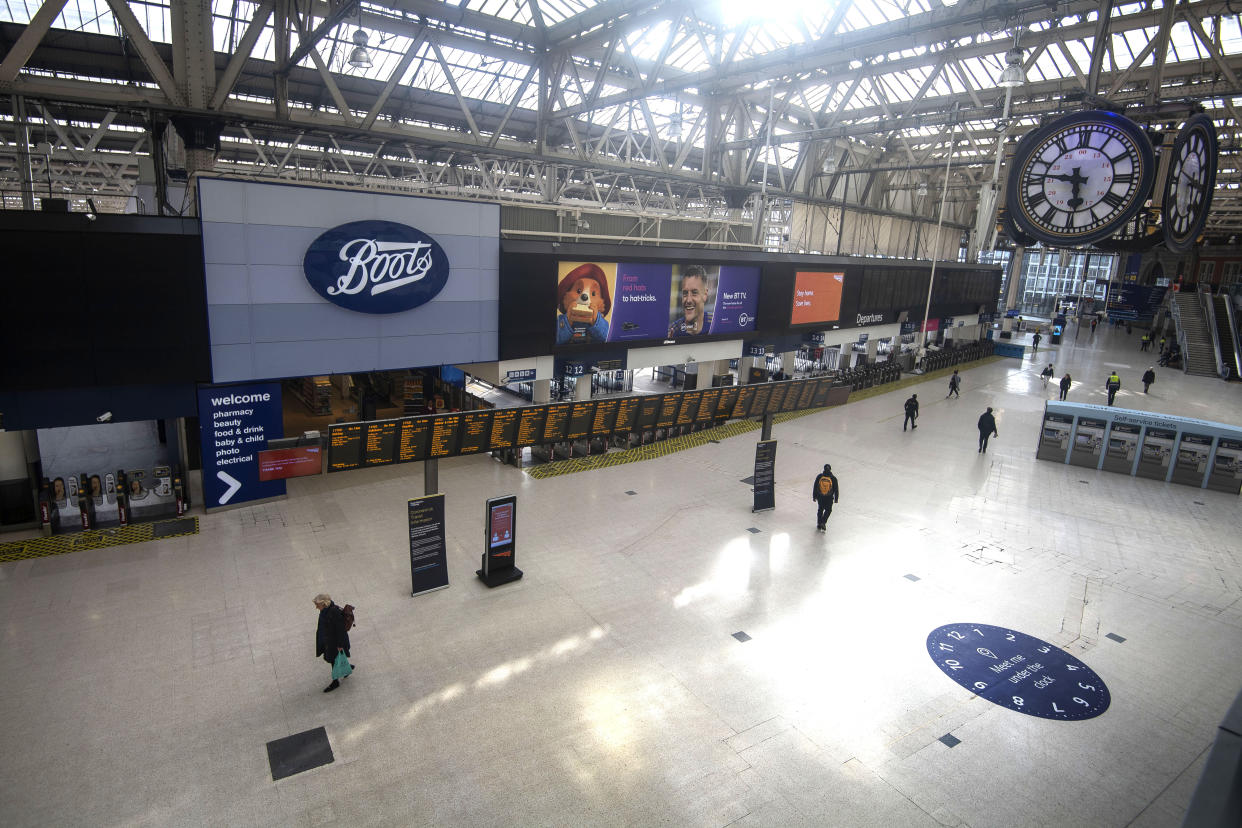 A near empty concourse at Waterloo station during what would normally be the evening rush hour, as the UK continues in lockdown to help curb the spread of the coronavirus. (Photo by Victoria Jones/PA Images via Getty Images)