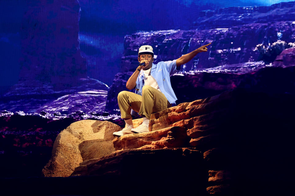 INDIO, CALIFORNIA - APRIL 13: (FOR EDITORIAL USE ONLY) Tyler, the Creator performs at the Coachella Stage during the 2024 Coachella Valley Music and Arts Festival at Empire Polo Club on April 13, 2024 in Indio, California. (Photo by Arturo Holmes/Getty Images for Coachella)