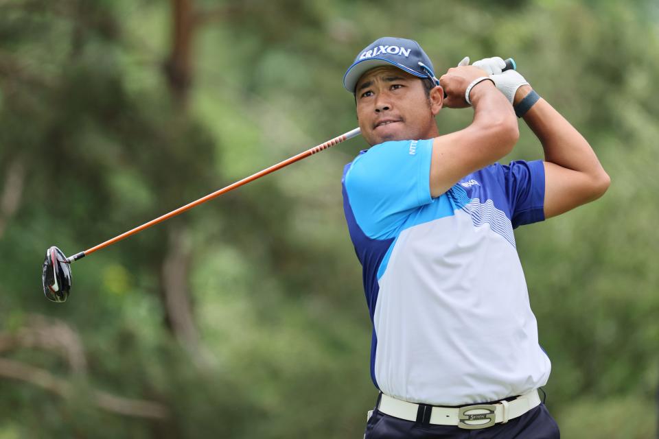 Hideki Matsuyama plays his shot from the second tee during the first round of the Memorial Tournament.