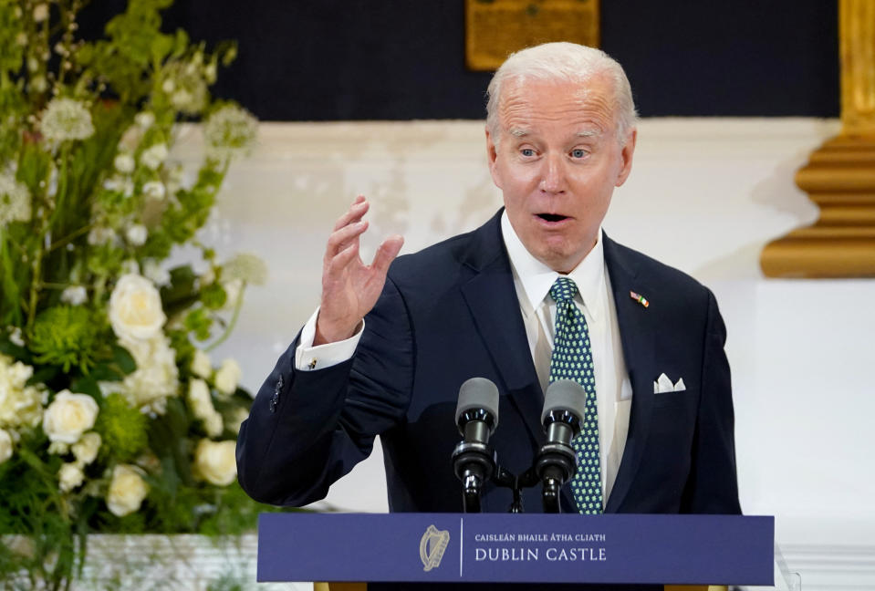 U.S. President Joe Biden speaks as he attends a dinner at Dublin Castle, in Dublin, Ireland, April 13, 2023. REUTERS/Kevin Lamarque