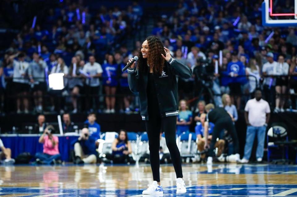 Kyra Elzy, who interacted with the fans at Big Blue Madness this month, is 49-40 in three seasons as the Kentucky women’s team’s head coach.