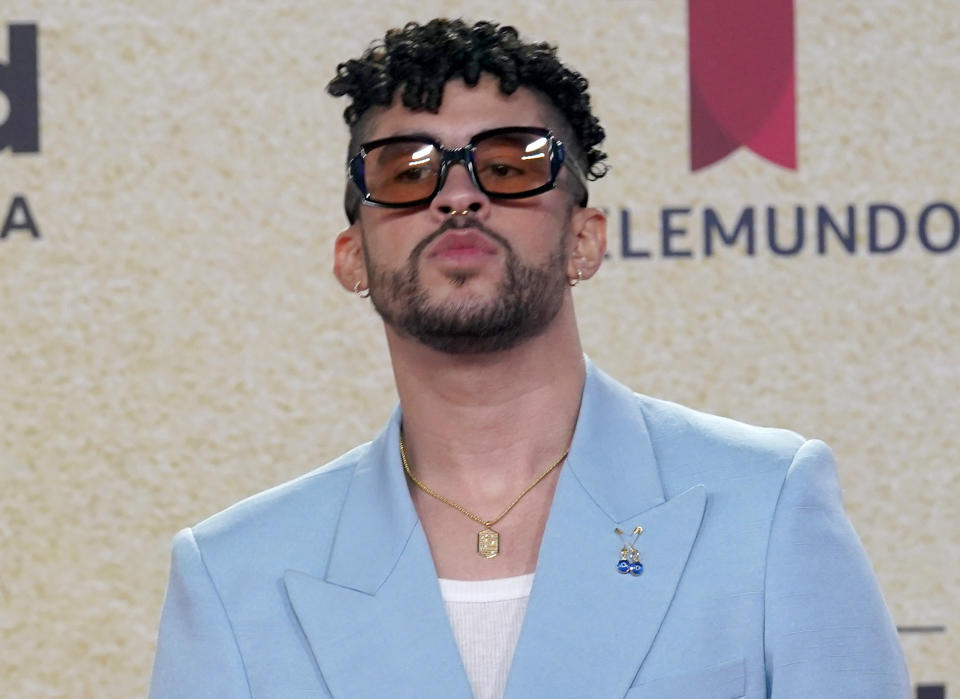 Bad Bunny arrives at the Billboard Latin Music Awards on Thursday, Sept. 23, 2021, at the Watsco Center in Coral Gables, Fla. (AP Photo/Marta Lavandier)