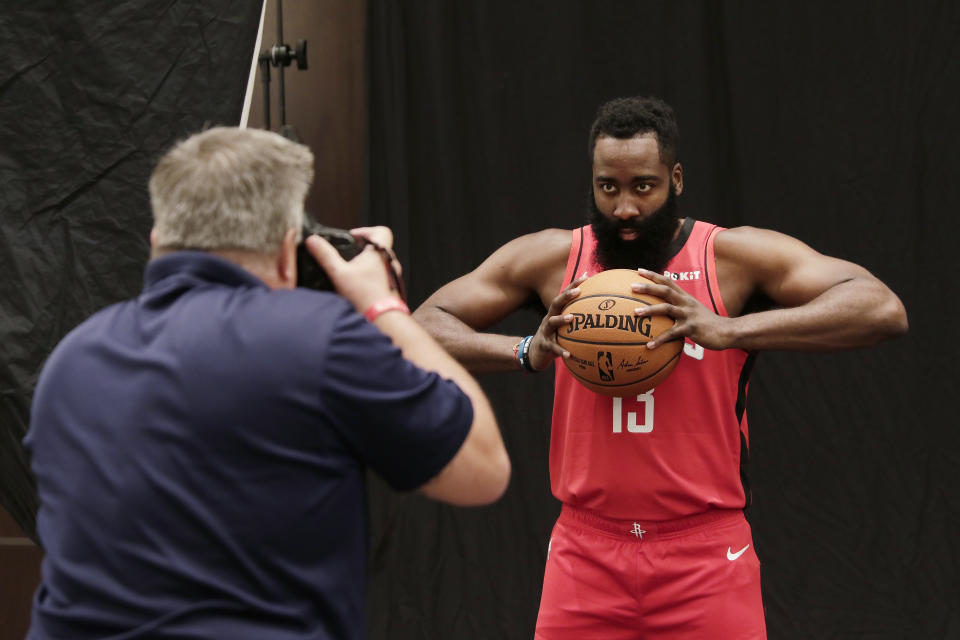 Houston Rockets' James Harden is photographed during NBA basketball media day Friday, Sept. 27, 2019, in Houston. (AP Photo/Michael Wyke)