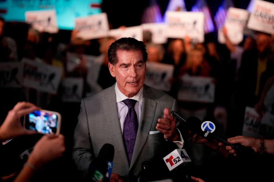 Republican U.S. Senate candidate Steve Garvey talks to reporters in front of supporters on Election Night in Palm Desert.