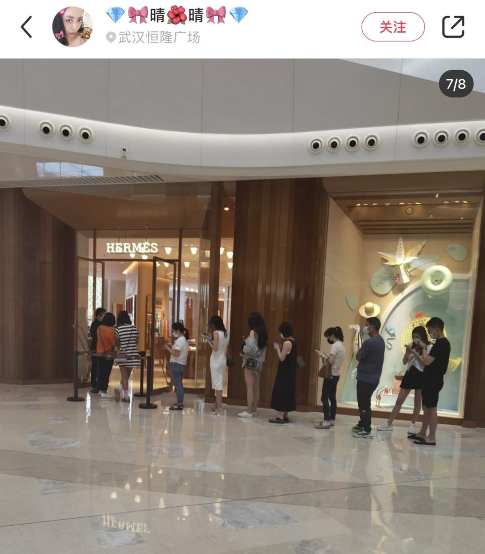 Image uploaded on Xiaohongshu shows a line in front of the Hermès Wuhan store. - Credit: Screenshot