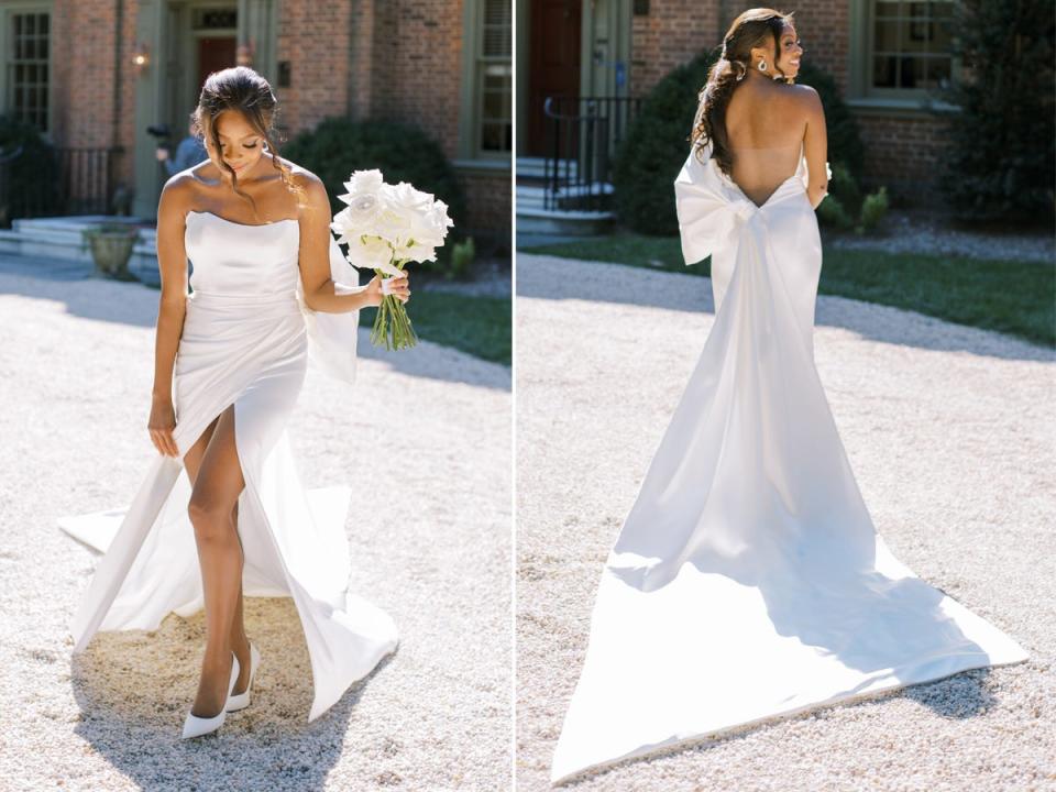 A side-by-side of the front and back of a bride wearing a strapless dress with a bow in the back.