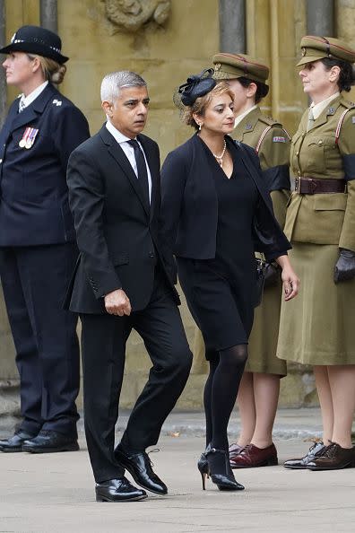 Mayor of London Sadiq Khan and his wife, Saadiya Khan, arrive for the State Funeral of Queen Elizabeth II at Westminster Abbey on September 19, 2022, in London.