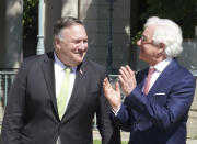 US Secretary of State Mike Pompeo, left, meets with Poland's Foreign Minister Jacek Czaputowicz in Lazienki Palace in Warsaw, Poland, Saturday Aug. 15, 2020. Pompeo is on a five day visit to central Europe. (Janek Skarzynski/Pool via AP)