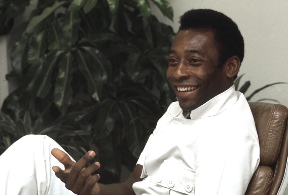 FILE - New York Cosmo's soccer star, Pele, is seen during an interview at in New York on July 1, 1975. Dozens of meetings over four years led to Pelé agreeing to sign with Cosmos in June 1975. His 2 1/2 seasons in New York elevated the sport, putting U.S. soccer on a path to hosting the World Cup in 1994 and launching Major League Soccer two years later. (AP Photo/Suzanne Vlamis, File)