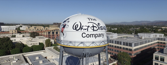 Walt Disney studios water tower with the company logo displayed.