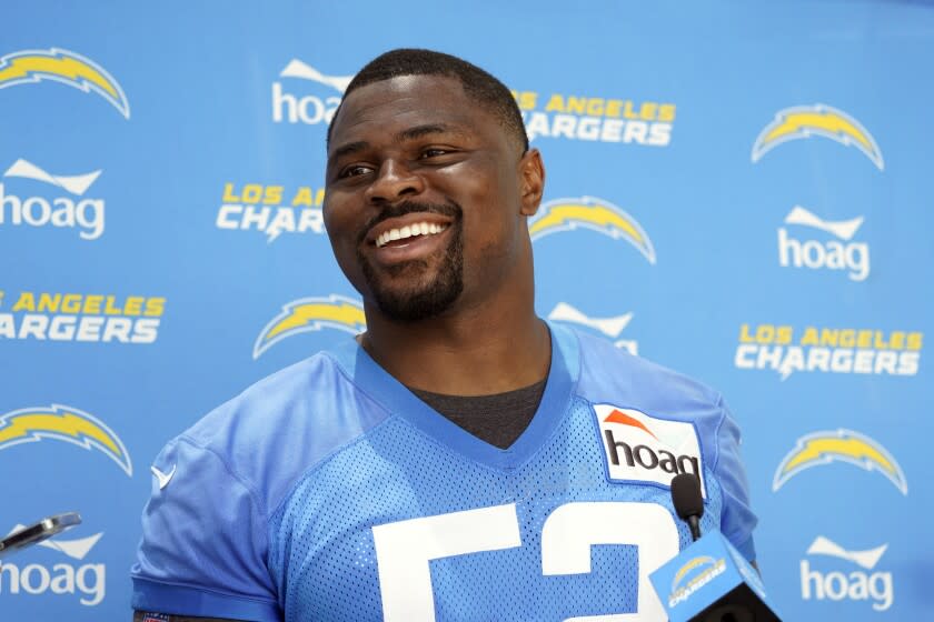 Los Angeles Chargers linebacker Khalil Mack answers questions at the NFL football team's practice facility.
