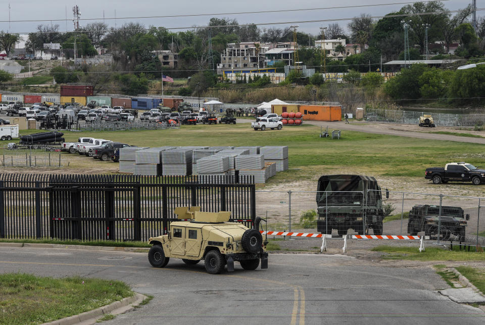 National Guard and other law enforcement are stationed at a now closed off Shelby Park, Wednesday, March 20, 2024, in Eagle Pass, Texas. (Raquel Natalicchio/Houston Chronicle via AP)