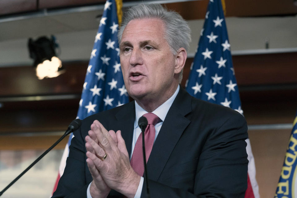 House Minority Leader Kevin McCarthy, R-Calif., speaks during a news conference on Capitol Hill, in Washington, Thursday, July 22, 2021. House Speaker Nancy Pelosi is rejecting two Republicans tapped by McCarthy to sit on a committee investigating the Jan. 6 Capitol insurrection. She cited the "integrity" of the investigation. (AP Photo/Jose Luis Magana)