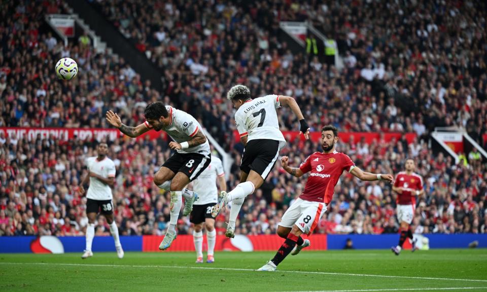 <span>Luis Díaz (No 7) steers his header home to set Liverpool up for their 3-0 win at Old Trafford.</span><span>Photograph: Shaun Botterill/Getty Images</span>