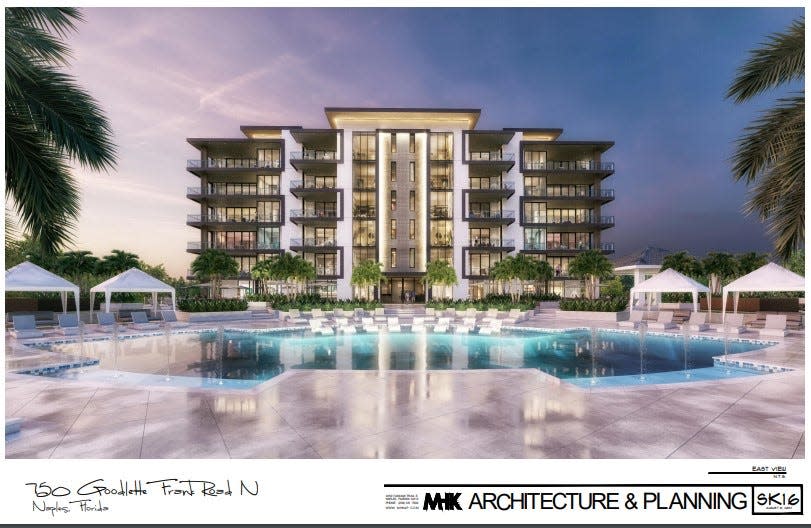 A rendering by MHK Architecture of a 37-unit luxury condo building to be called Inlet Quay was presented to Naples City Council Feb. 22, 2024. The building will be located in The Commons office park off of Goodlette-Frank Road with views of the Gordon River.