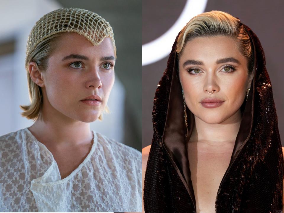 Florence Pugh as Princess Irulan in "Dune: Part Two" and Pugh at the world premiere in London.