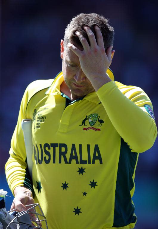 Ausralia captain Michael Clarke walks off after being dismissed for 12 during the World Cup Pool A match against New Zealand at Eden Park in Auckland on February 28, 2015