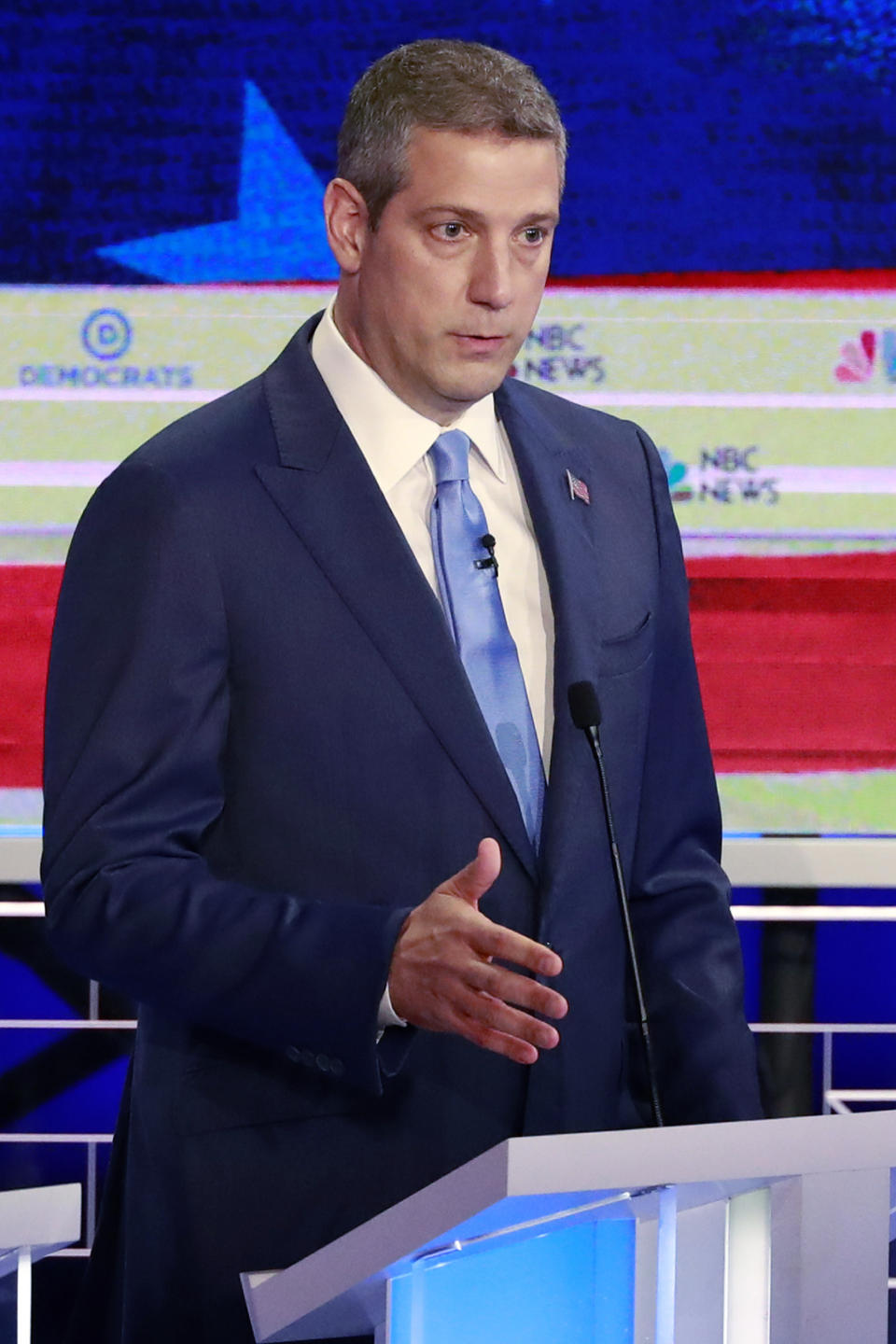 Democratic presidential candidate Rep. Tim Ryan, D-Ohio, gestures during a Democratic primary debate hosted by NBC News at the Adrienne Arsht Center for the Performing Arts, Wednesday, June 26, 2019, in Miami. (AP Photo/Wilfredo Lee)