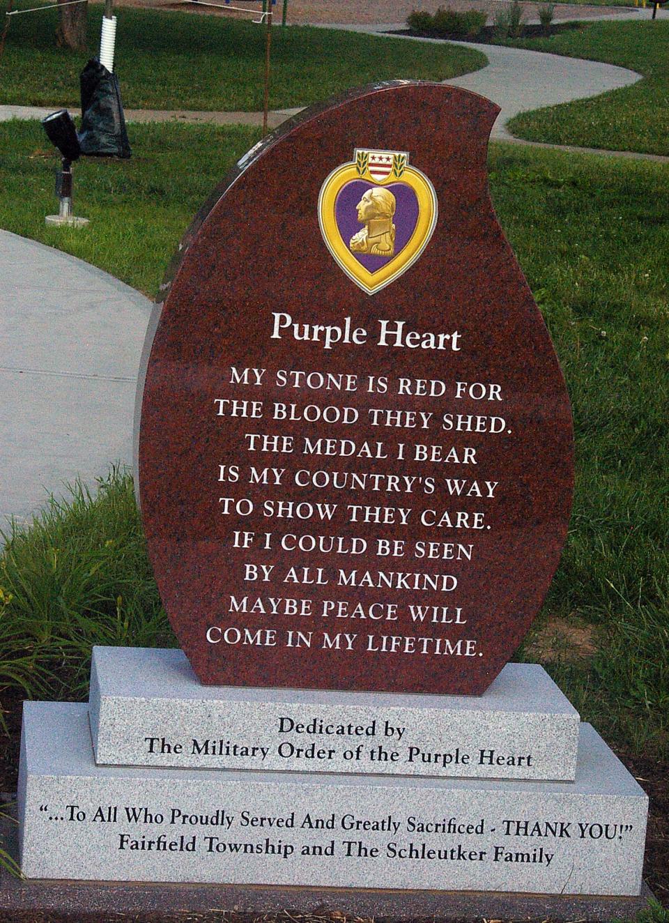 : This monument in Fairfield Township's Veterans Memorial at Heroes Park honors those wounded or killed in the line of duty