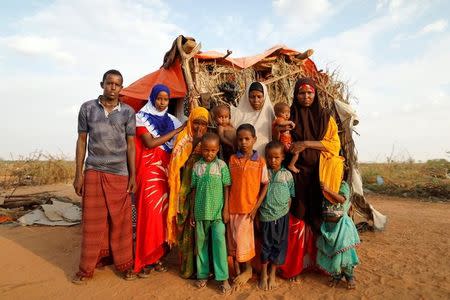 Zeinab, 14, (2nd L) poses for photograph with her family beside their shelter at a camp for internally displaced people from drought hit areas in Dollow, Somalia April 3, 2017. REUTERS/Zohra Bensemra