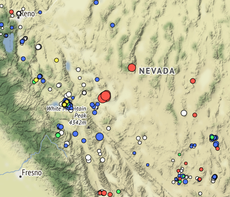 A Nevada Seismological Laboratory map showing the location of a magnitude 6.4 earthquake and its several sizable aftershocks near Tonopah on May 15, 2020.