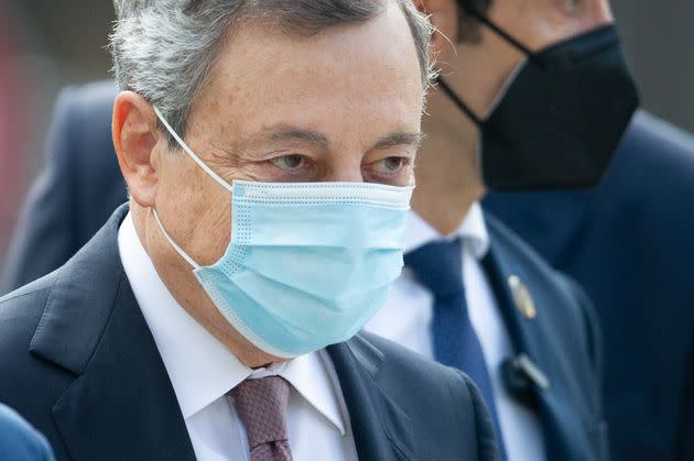 Italian Prime Minister Mario Draghi during inauguration ceremony of Parco della Memoria in LAquila, Italy, on September 28, 2021. The new monument is made in honor of 309 victims of April 6th, 2009, earthquake in LAquila. (Photo by Lorenzo Di Cola/NurPhoto via Getty Images) (Photo: NurPhoto via Getty Images)