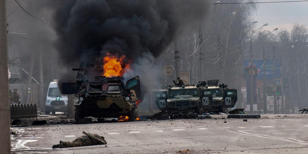 Russian military vehicle burns in Ukraine