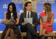 Presenters Ed Helms, center, and Jessica Alba, right, mingle as fellow presenter Megan Fox studies her script before the announcement of nominations for the 70th Annual Golden Globe Awards, Thursday, Dec. 13, 2012, in Beverly Hills, Calif. The Golden Globe Awards will be held on Sunday, Jan. 13 at the Beverly Hilton Hotel in Beverly Hills. (Photo by Chris Pizzello/Invision/AP)