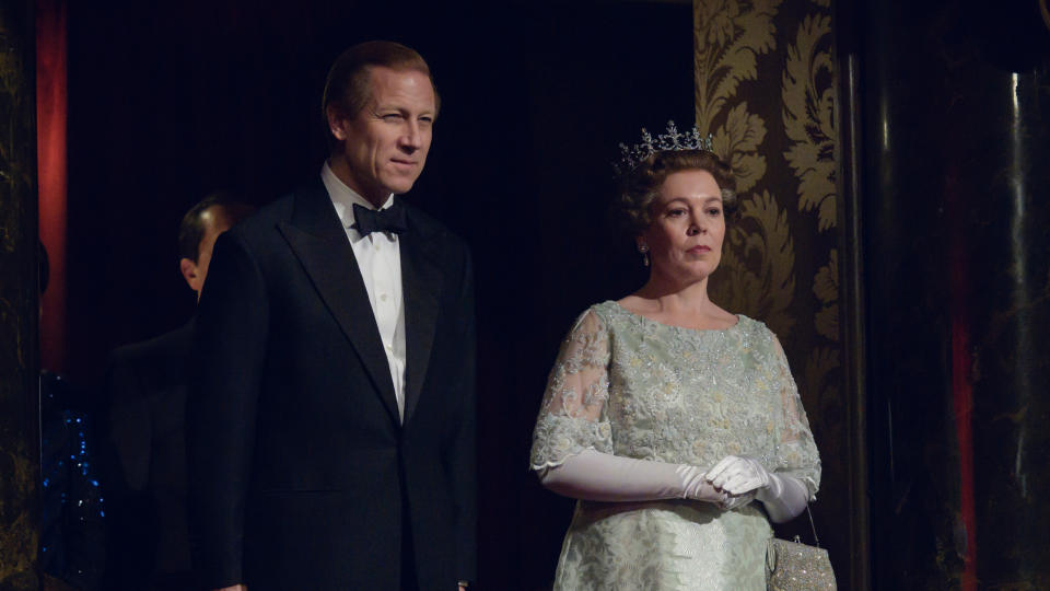 Tobias Menzies and Olivia Colman in the fourth series of 'The Crown'. (Credit: Alex Bailey/Netflix)