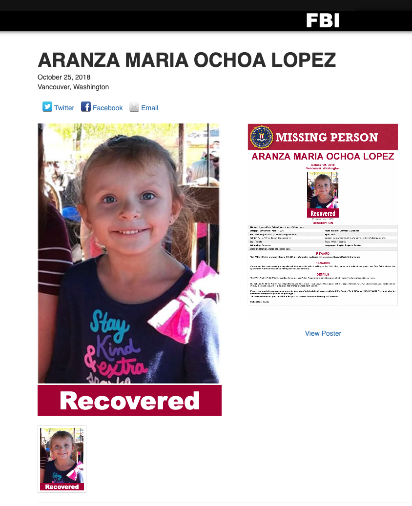 Cartel publicado por el FBI alertando de la desaparición de Aranza Ochoa López