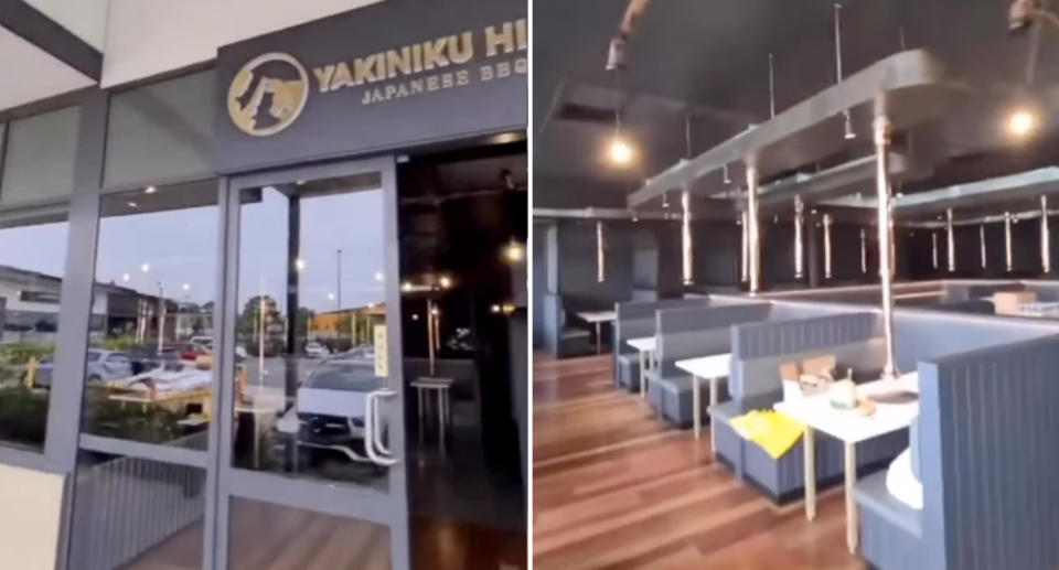 Front of Yakiniku Hibiki and inside where the tables are seen with a grill on each table. 