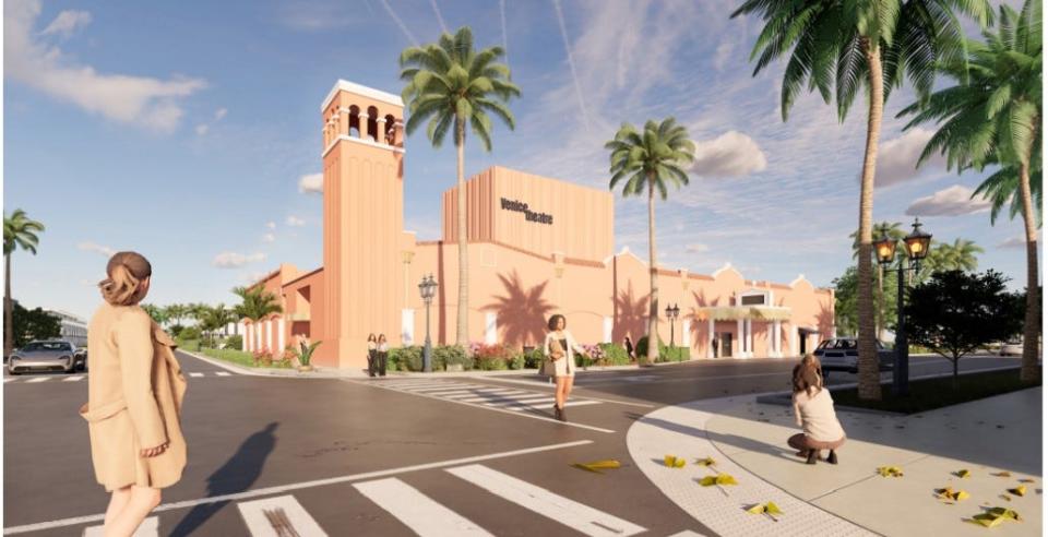 This architect's rendering shows Venice Theatre with a new flyloft reaching 70 feet high to replace the shorter structure that was destroyed during Hurricane Ian.