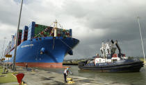 ARCHIVO - En esta imagen de archivo del 3 de diciembre de 2018, un trabajador del Canal de Panamá amarra el carguero chino Cosco en el muelle de Cocolí en el Canal de Panamá. (AP Foto/Arnulfo Franco, Archivo)