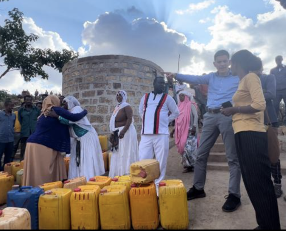 David Miliband speaks to community members at a village in east Ethiopia this week after travelling to the region to highlight the intense hunger crisis during Cop27 (IRC)