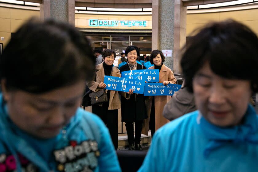 LOS ANGELES, CA - FEBRUARY 12: Fans of one of the most famous Trot performers, Lim Young Woong, gather at the Dolby Theater to see Woong in concert on Sunday, Feb. 12, 2023 in Los Angeles, CA. (Jason Armond / Los Angeles Times)