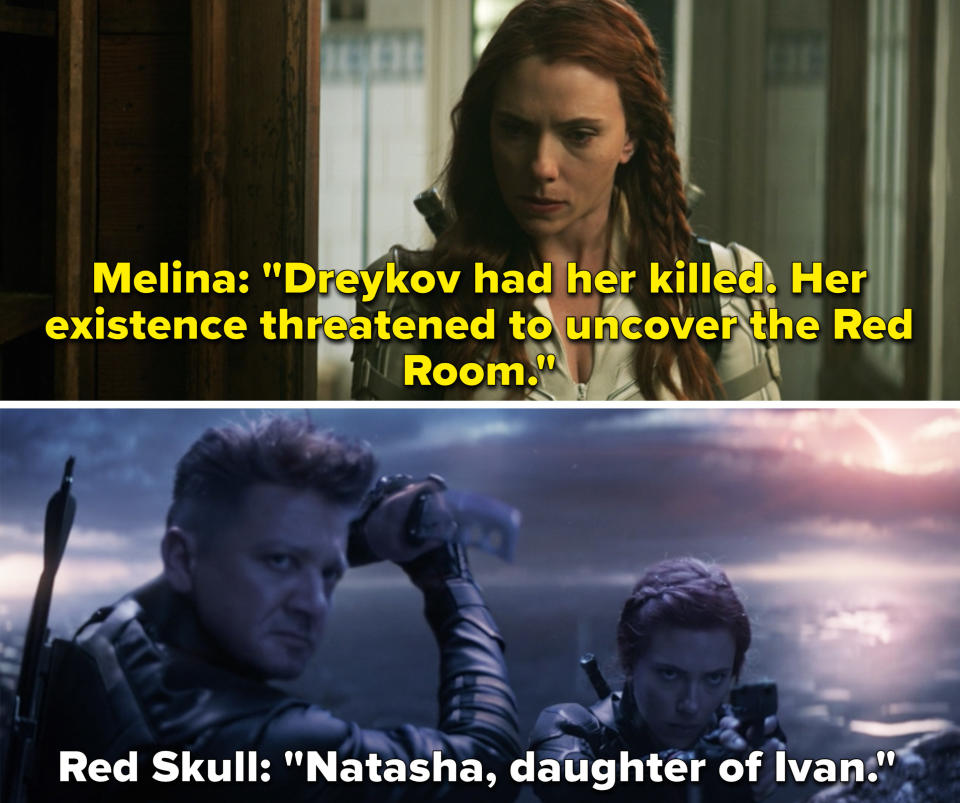 Melina telling Natasha Dreykov had her mother killed vs. Red Skull saying, "Natasha, daughter of Ivan"