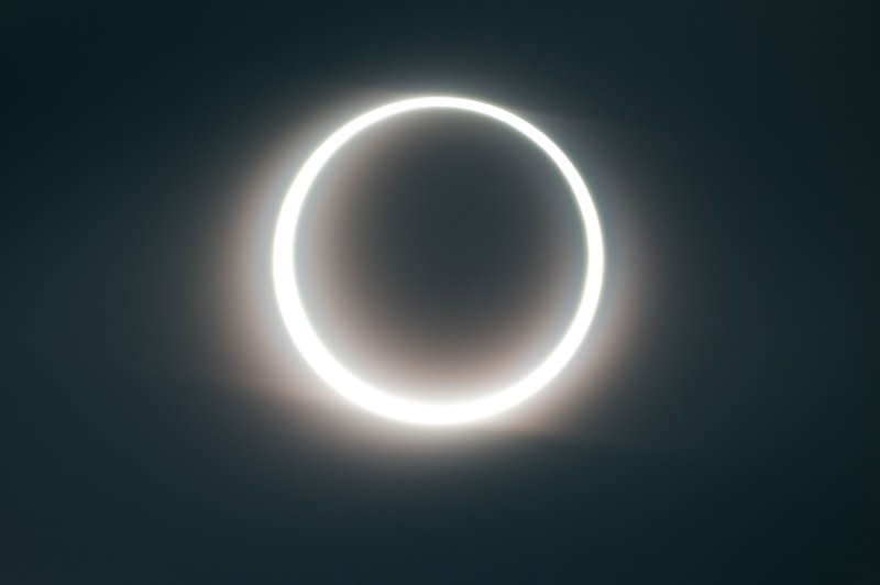 The Moon partially covers the Sun during an annular 'Ring of Fire' solar eclipse as seen near Bluff, Utah, on Saturday. Photo by Bob Strong/UPI