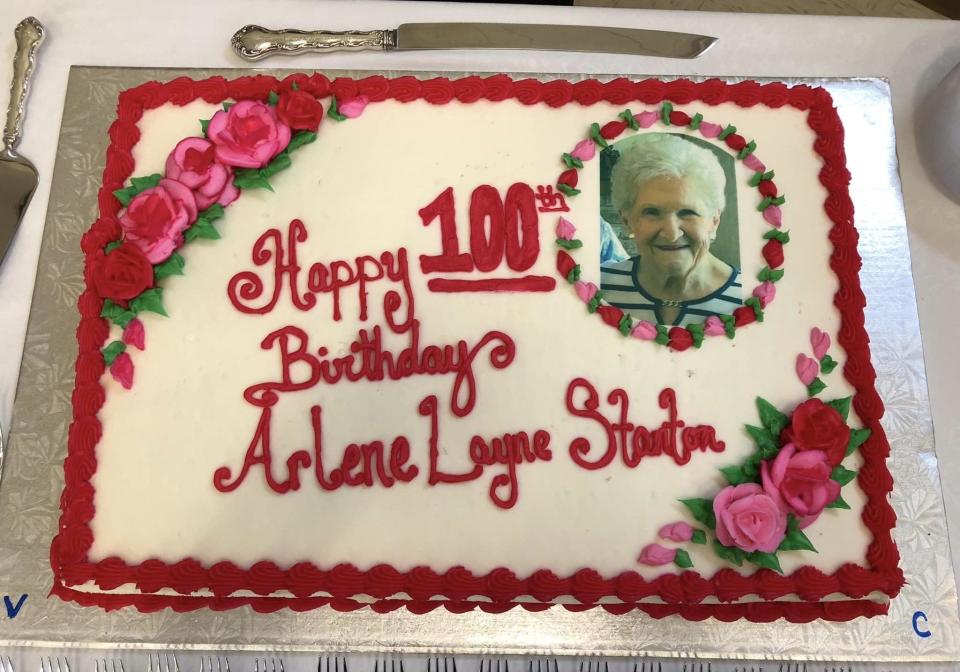 Arlene Layne Stanton's cake at her 100th birthday celebration in Chester on December 28, 2023.