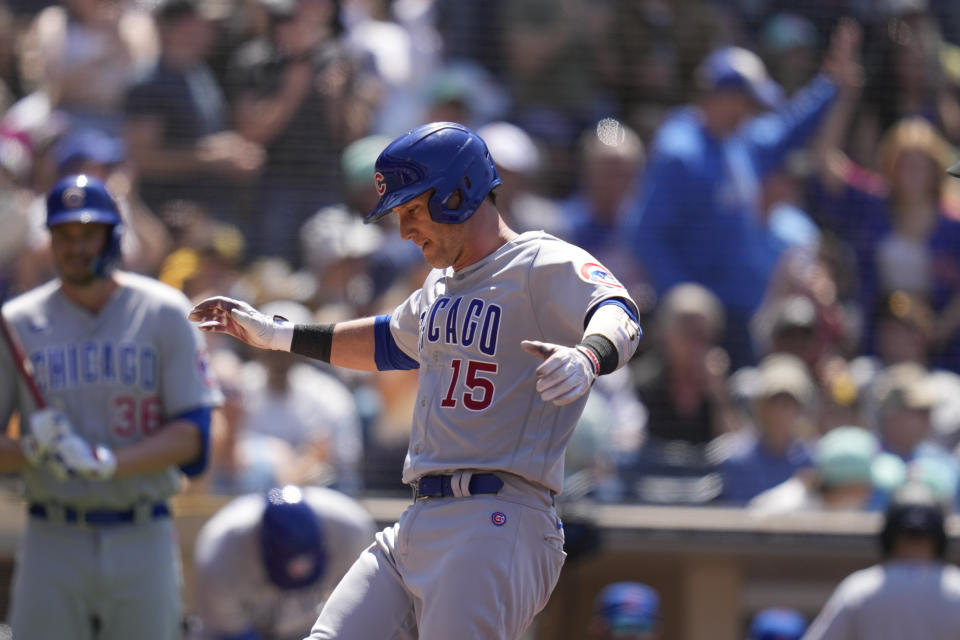Chicago Cubs' Yan Gomes celebrates after hitting a home run during the second inning of a baseball game against the San Diego Padres, Sunday, June 4, 2023, in San Diego. (AP Photo/Gregory Bull)