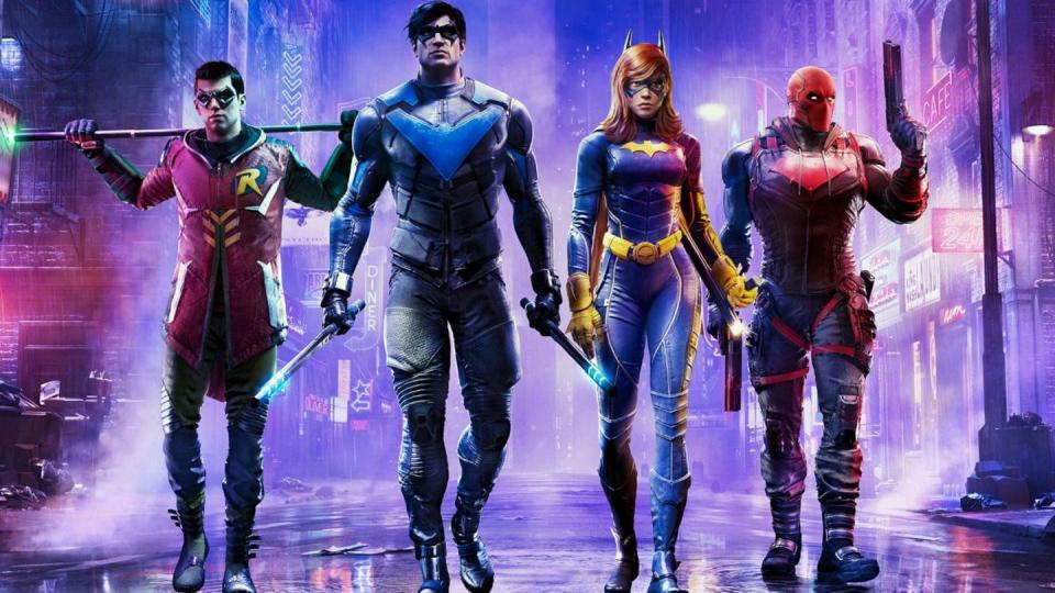 gotham knights game, robin, nightwing, batgirl and red hood walk together in a neon purple wet street