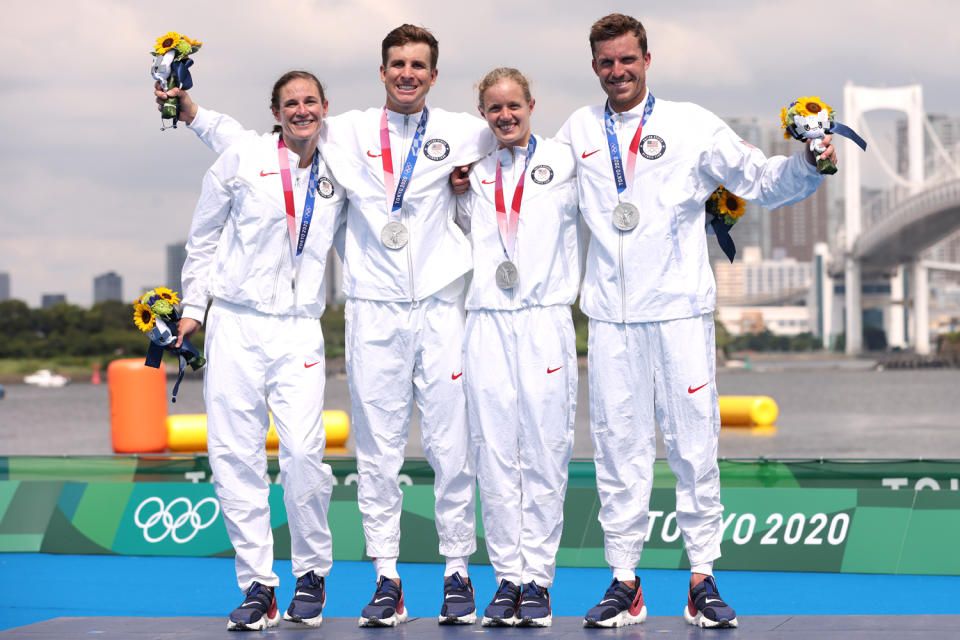 <p>Biography: Katie Zaferes is 32, Kevin McDowell is 29, Taylor Knibb is 23 and Morgan Pearson is 27</p> <p>Event: Triathlon mixed relay (a new event this year)</p> <p>Quote: Zaferes: "I just think it's so amazing for our sport and to be able to introduce it to so many other people. Because we all love it and we know how special it feels compared to the individual. I just think it's an incredible event."</p>