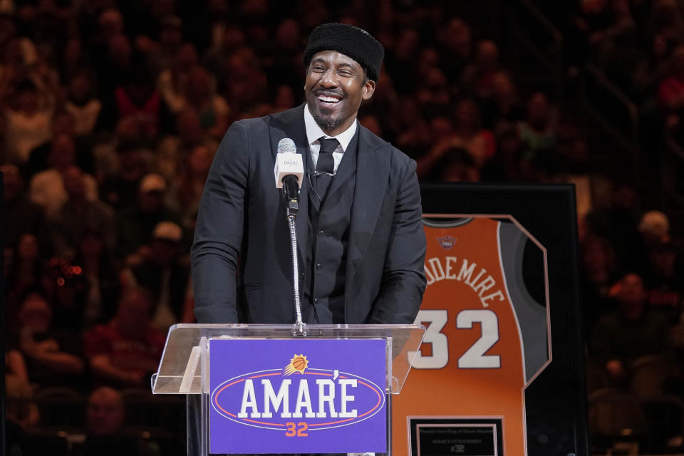 Former Phoenix Suns player Amare Stoudemire addresses the crowd during his Ring of Honor ceremony during halftime of an NBA basketball game between the Suns and the Houston Rockets in Phoenix, Saturday, March. 2, 2024. (AP Photo/Darryl Webb)