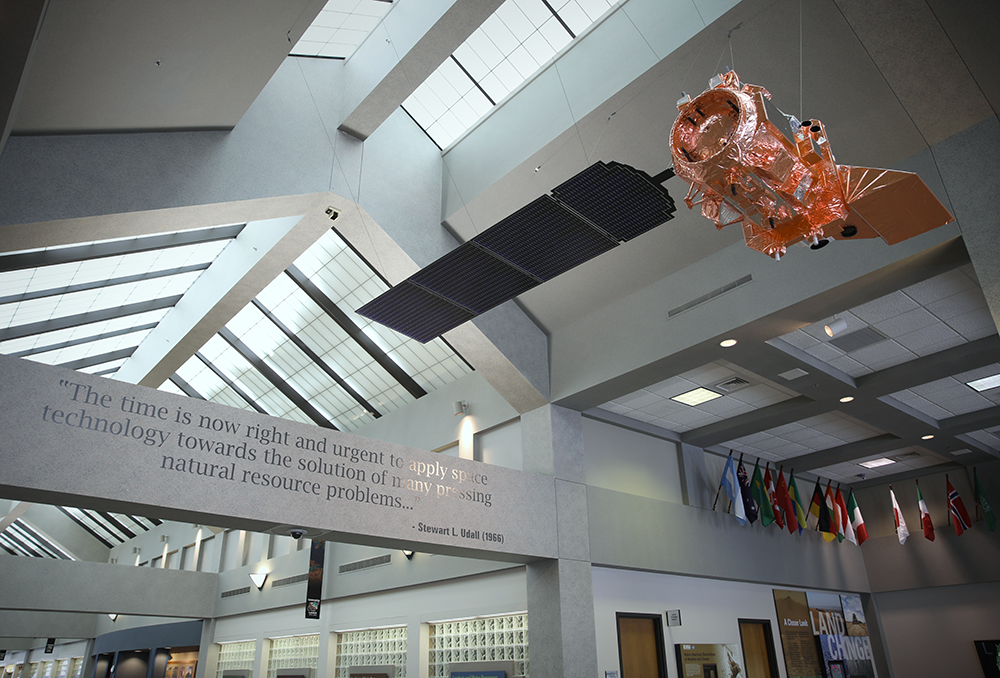 The lobby of the USGS Earth Resources Observation and Science (EROS) Center.