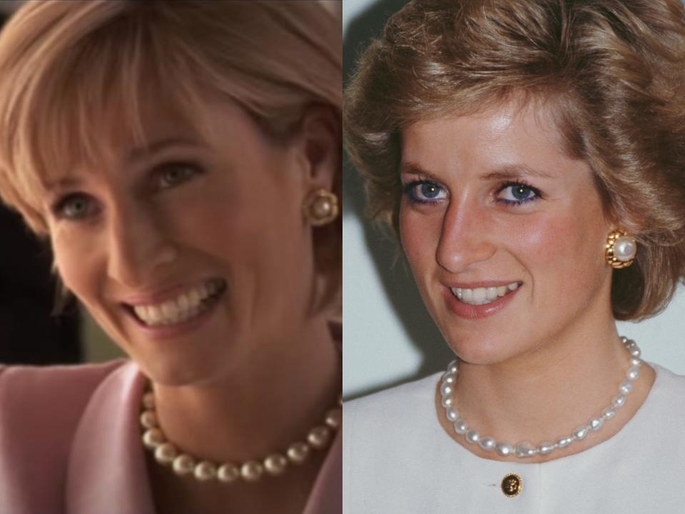 close up of Genevieve O'Reilly's face; close up of Princess Diana's face