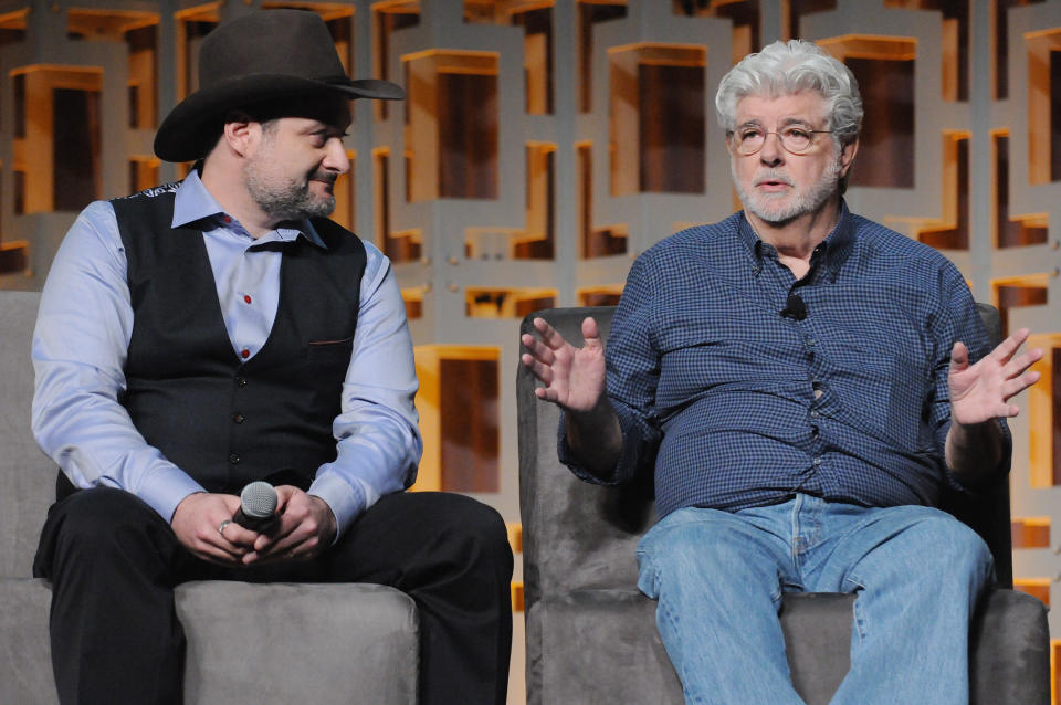 ORLANDO, FL - APRIL 13:  Dave Filoni and George Lucas attend the 40 Years of Star Wars panel during the 2017 Star Wars Celebration at Orange County Convention Center on April 13, 2017 in Orlando, Florida.  (Photo by Gerardo Mora/Getty Images for Disney)