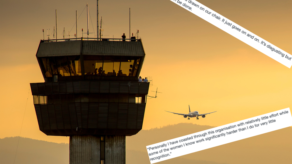 Pictured: An air traffic control centre and text from Anthony North report on Airservices Australia: Images: Getty, A REPORT CONCERNING THE WORKPLACE OF AIRSERVICES AUSTRALIA
