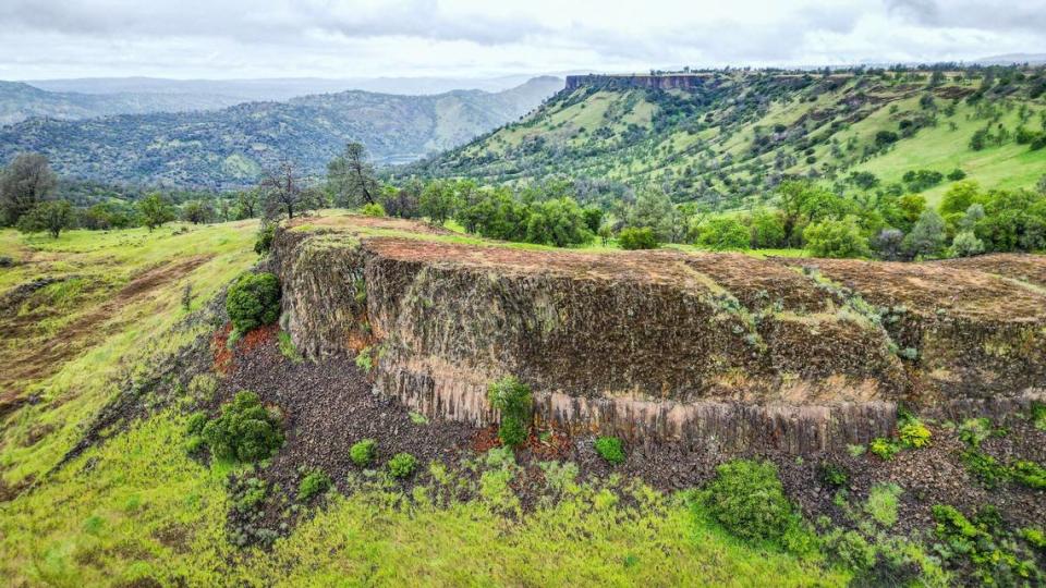 The top of a table mountain comes into view in this drone images taken on Sunday, April 14, 2024 during a hike on the McKenzie Table Mountain Preserve in Fresno County through the Sierra Foothill Conservancy.