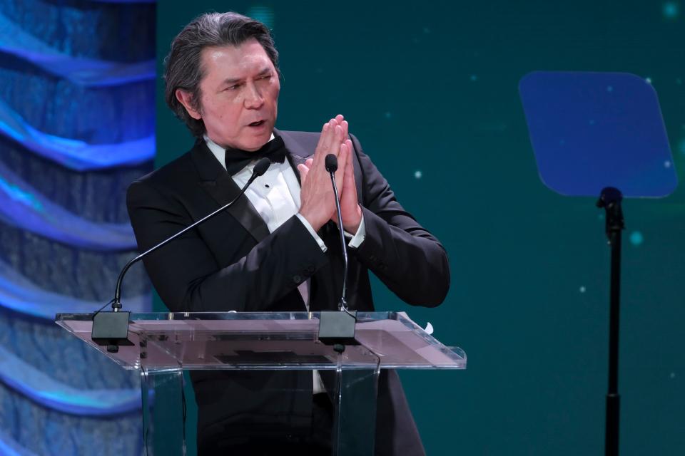 Lou Diamond Phillips accepts the award for the 2023 Hall of Great Western Performers during the 2023 Western Heritage Awards at the National Cowboy & Western Heritage Museum in Oklahoma City, Saturday, April 15, 2023. 