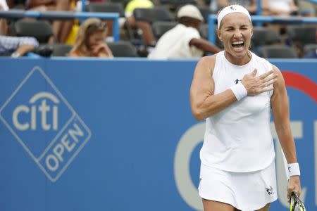 Aug 5, 2018; Washington, DC, USA; Svetlana Kuznetsova of Russia reacts after winning the second set tiebreaker against Donna Vekic of Croatia (not pictured) in the women's singles final in the Citi Open at Rock Creek Park Tennis Center. Kuznetsova won 4-6, 7-6(7), 6-2. Mandatory Credit: Geoff Burke-USA TODAY Sports